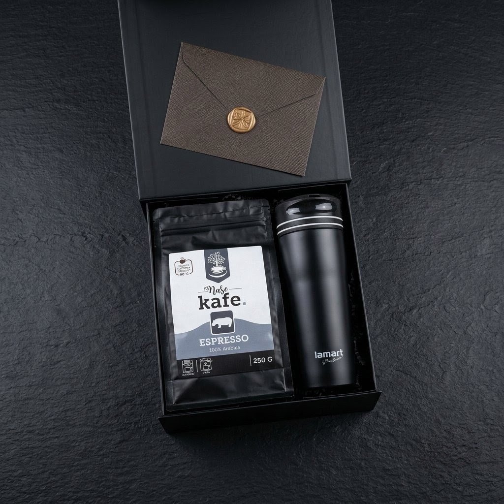 Dárkový box s kávou Naše kafe Espresso a černým termohrnkem Lamart v matné krabici