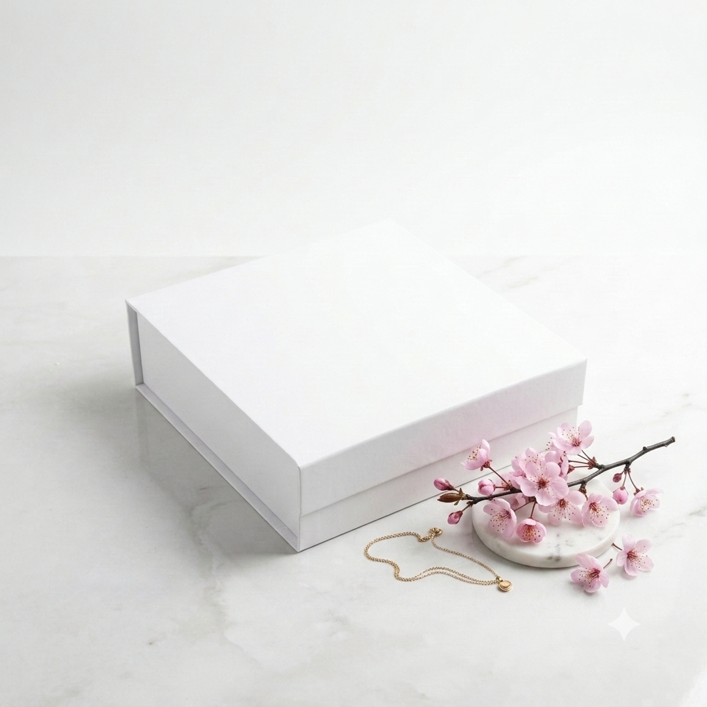 Zavřený dárkový box pro ženu s kosmetikou The Ritual of Sakura, vonnou svíčkou, textilní maskou Garnier a jahodovou čokoládou v bílé krabici