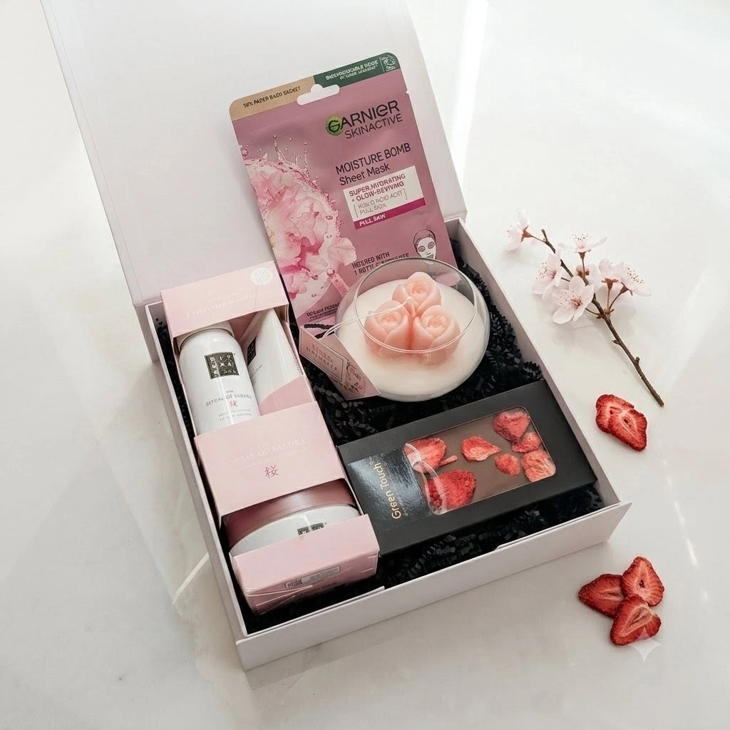 Dárkový box pro ženu s kosmetikou The Ritual of Sakura, vonnou svíčkou, textilní maskou Garnier a jahodovou čokoládou v bílé krabici